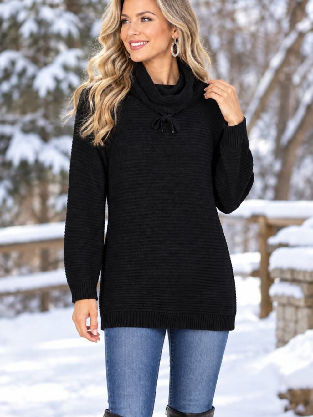 TRIBAL Sweater Tunic Cotton Thick Ribbed Knit Cowl Neck w/Drawstring Black SP
